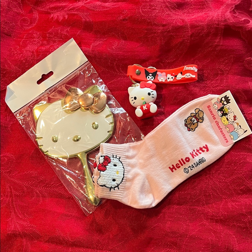 NWT Hello Kitty Bundle-Gold Mirror Pink Socks and Hello Kitty Charm Keychain
